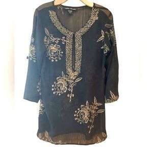 Silk Theads Sz S Black Heavy Gold Beaded Collar Metallic Roses Design Tunic Top